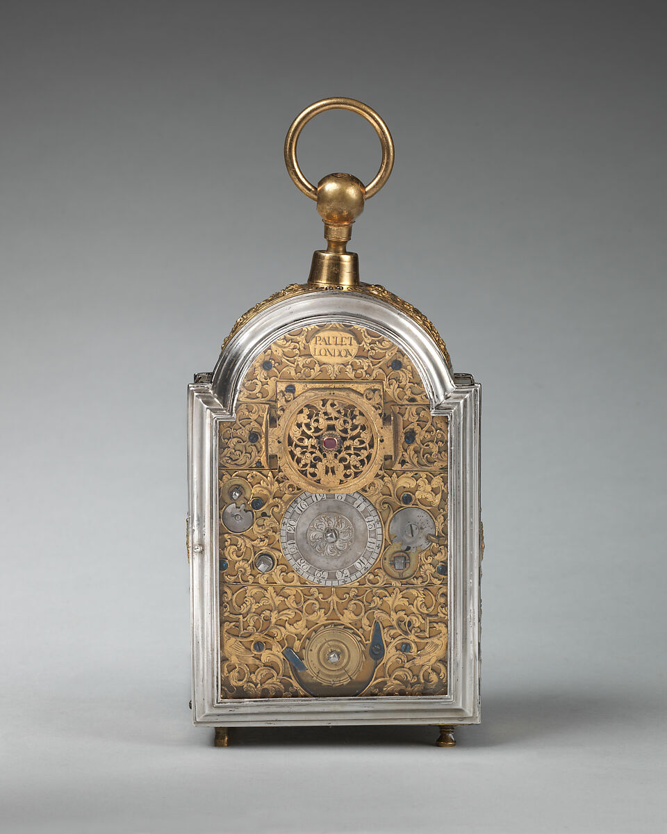 Traveling clock with alarm and calendar, Probably by Joseph Paulet (probably French, active 1687–1716), Case and dial: silver, partially gilded; backplate of movement: brass, silver partially gilded; steel, British, London