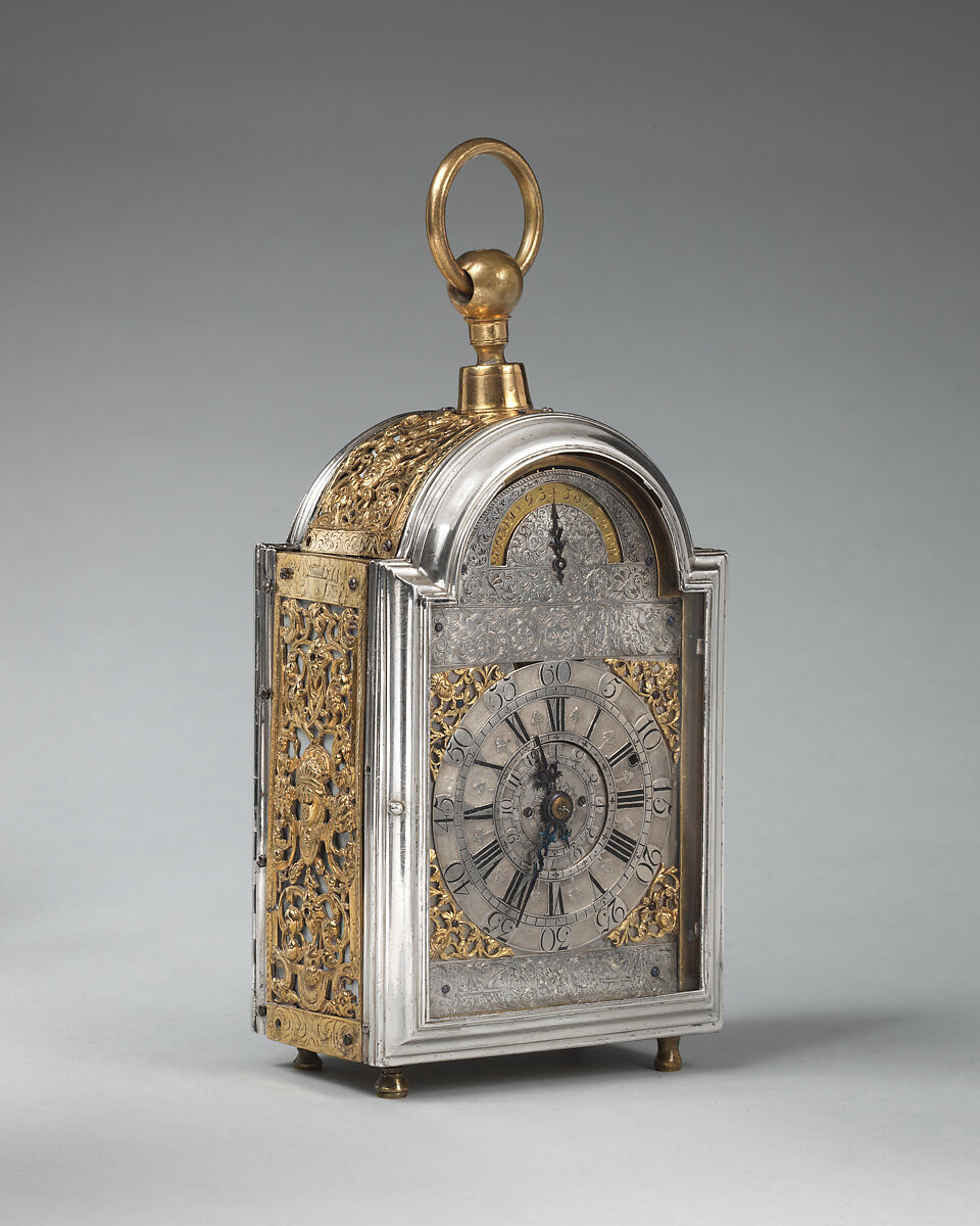 Traveling clock with alarm and calendar, Probably by Joseph Paulet (probably French, active 1687–1716), Case and dial: silver, partially gilded; backplate of movement: brass, silver partially gilded; steel, British, London