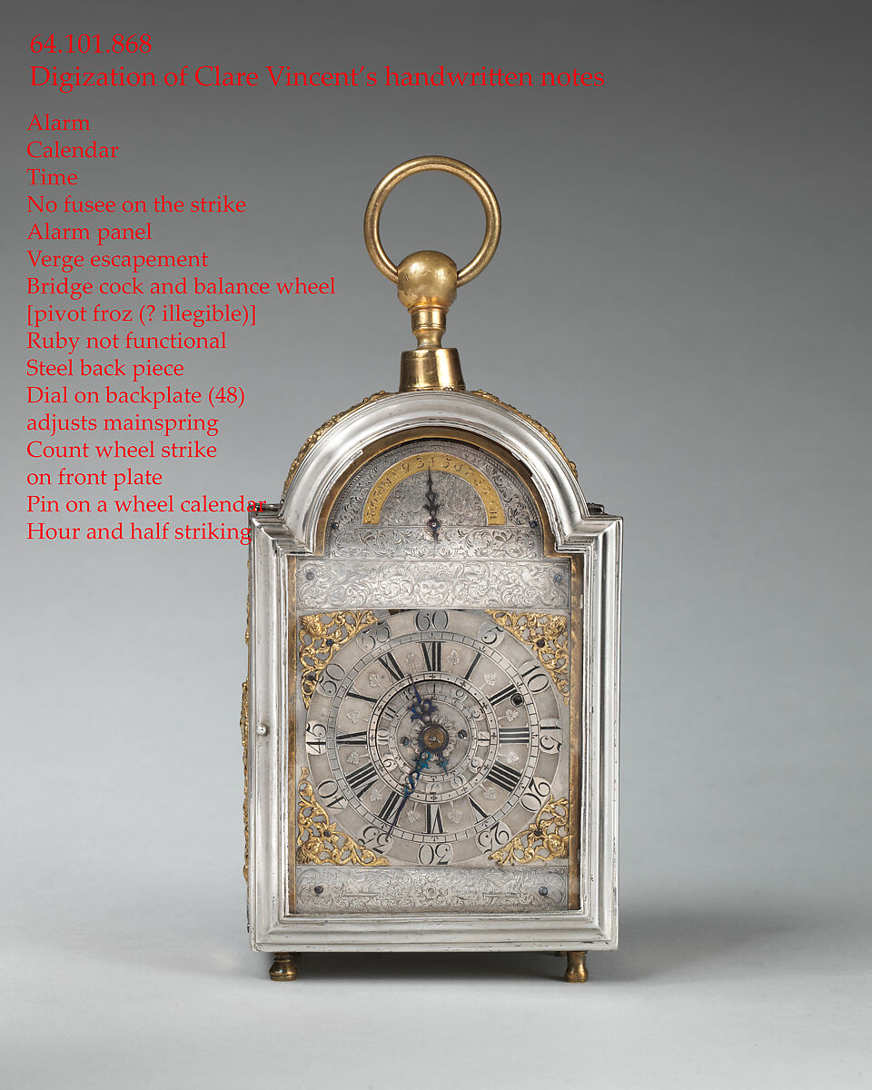 Traveling clock with alarm and calendar, Probably by Joseph Paulet (probably French, active 1687–1716), Case and dial: silver, partially gilded; backplate of movement: brass, silver partially gilded; steel, British, London