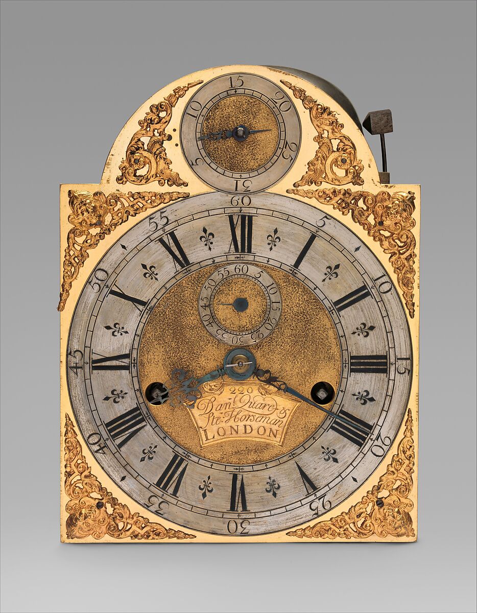 Miniature longcase clock with calendar, Clockmaker: Daniel Quare (British, 1647/49–1724), Case: walnut and oak veneered with walnut and figured walnut; Dial: gilded and silvered brass; Movement: gilded brass, steel, British, London