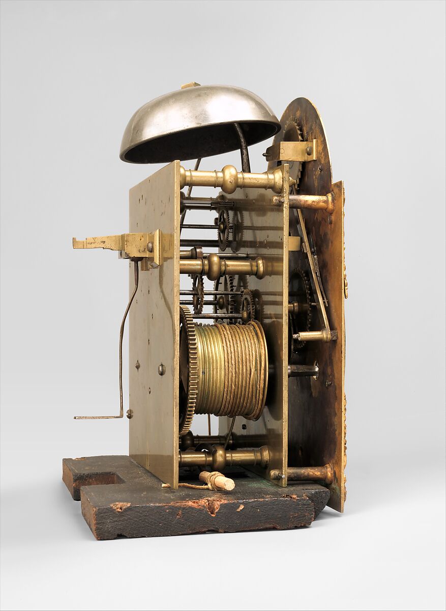 Miniature longcase clock with calendar, Clockmaker: Daniel Quare (British, 1647/49–1724), Case: walnut and oak veneered with walnut and figured walnut; Dial: gilded and silvered brass; Movement: gilded brass, steel, British, London