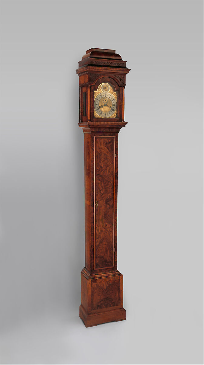 Miniature longcase clock with calendar, Clockmaker: Daniel Quare (British, 1647/49–1724), Case: walnut and oak veneered with walnut and figured walnut; Dial: gilded and silvered brass; Movement: gilded brass, steel, British, London 