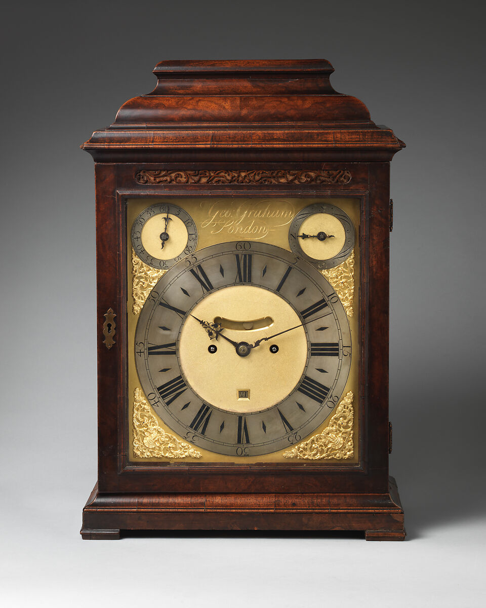 Table or bracket clock, Clockmaker: George Graham (British, 1673–1751), Case: walnut veneered on oak, with brass hardware; Dial: gilded and silvered brass; Movement: brass and steel, British, London 