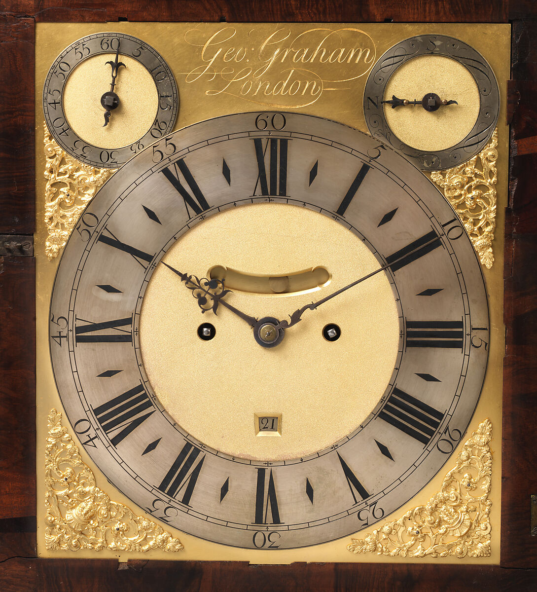 Table or bracket clock, Clockmaker: George Graham (British, 1673–1751), Case: walnut veneered on oak, with brass hardware; Dial: gilded and silvered brass; Movement: brass and steel, British, London