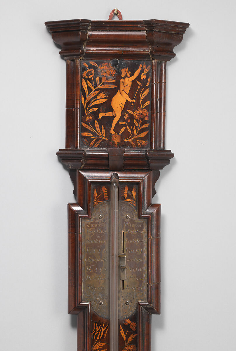 Torricellian barometer, Walnut, with floral marquetry, veneered on oak; brass; glass; mercury, British, probably London