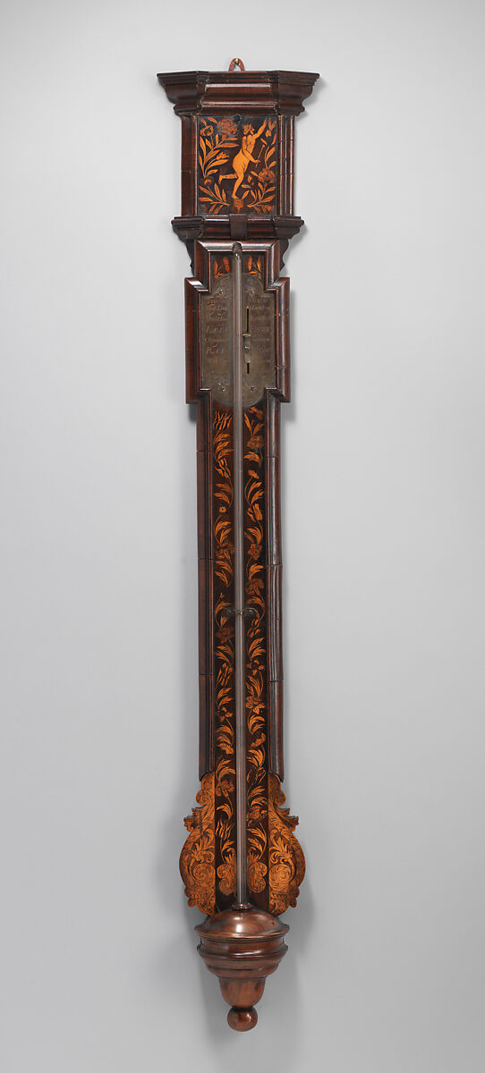 Torricellian barometer, Walnut, with floral marquetry, veneered on oak; brass; glass; mercury, British, probably London 