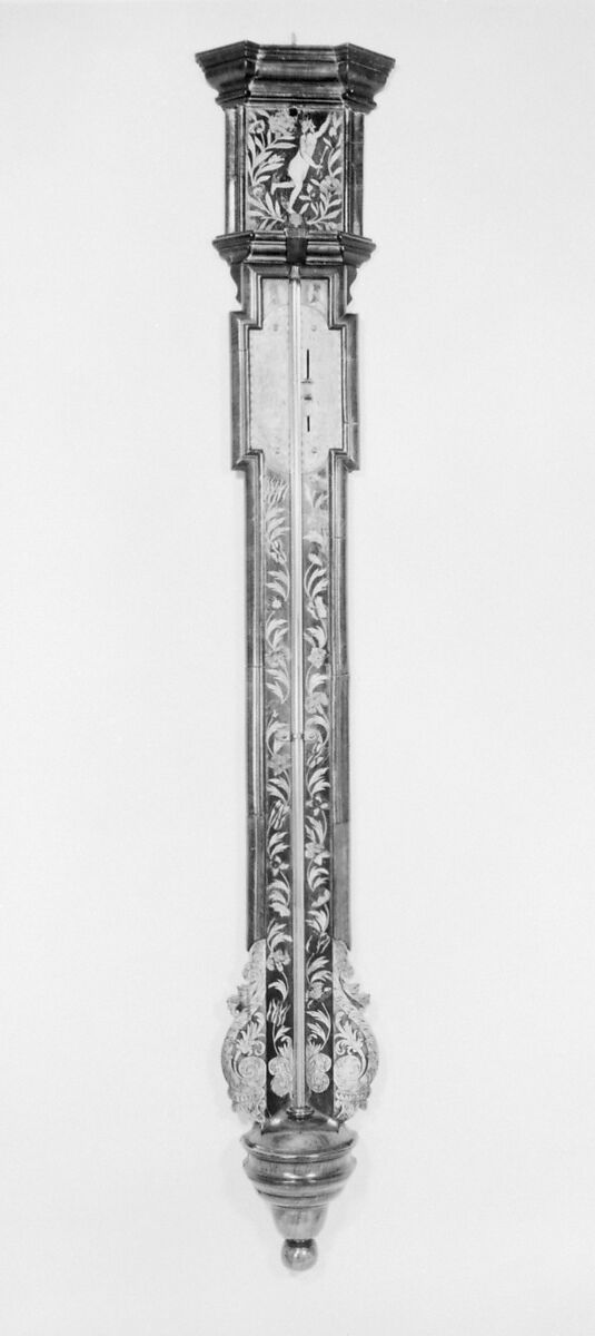 Torricellian barometer, Walnut, with floral marquetry, veneered on oak; brass; glass; mercury, British, probably London