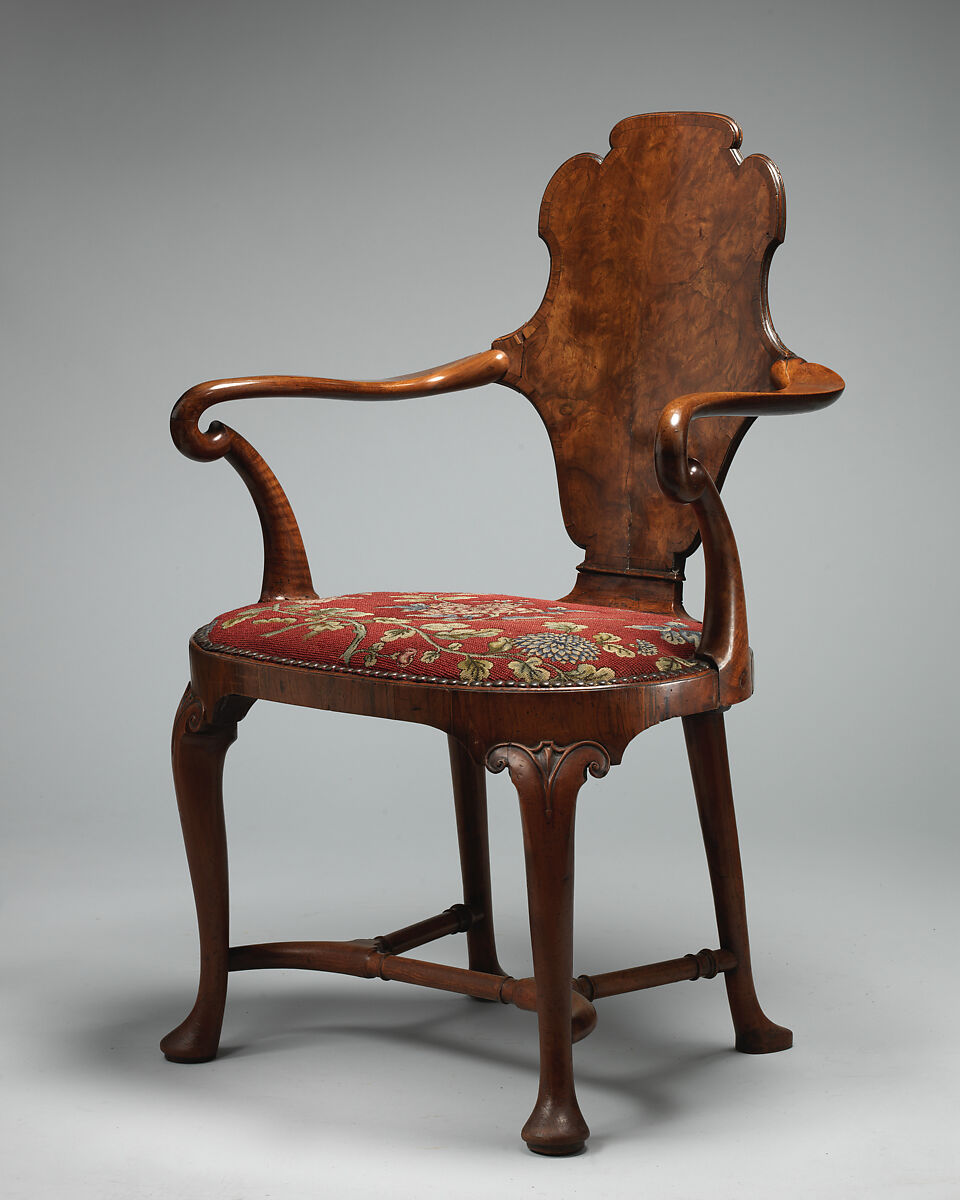 Armchair, Walnut, oak; walnut  veneer, British 