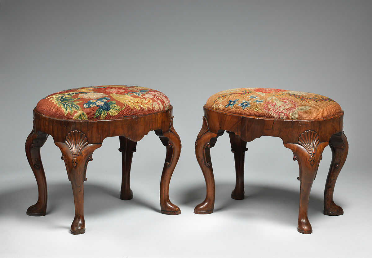 Pair of stools, Walnut, needlework, British 