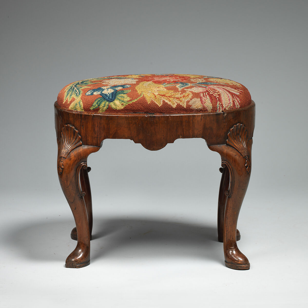 Pair of stools, Walnut, needlework, British