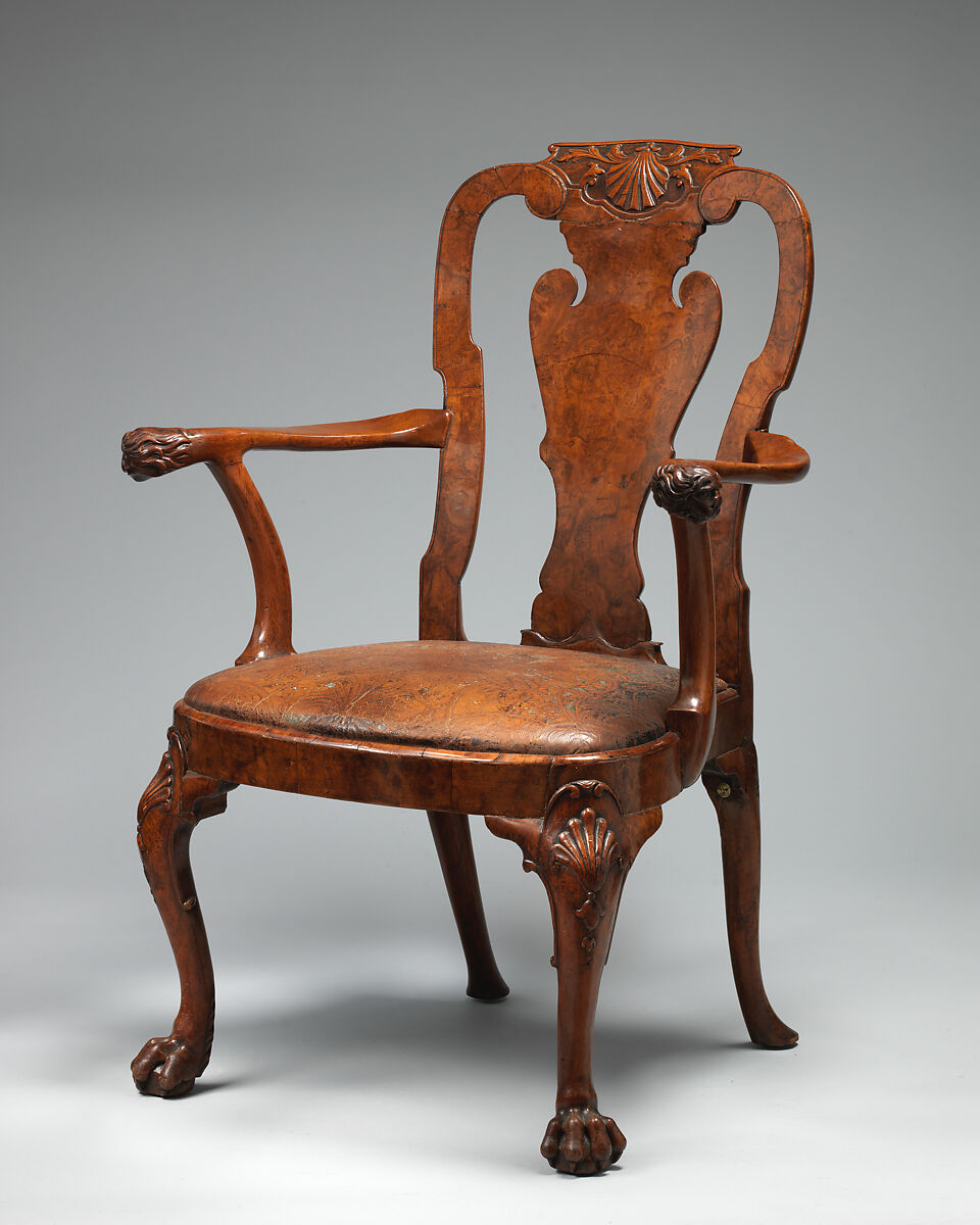 Armchair, Walnut, burr walnut veneer, British 