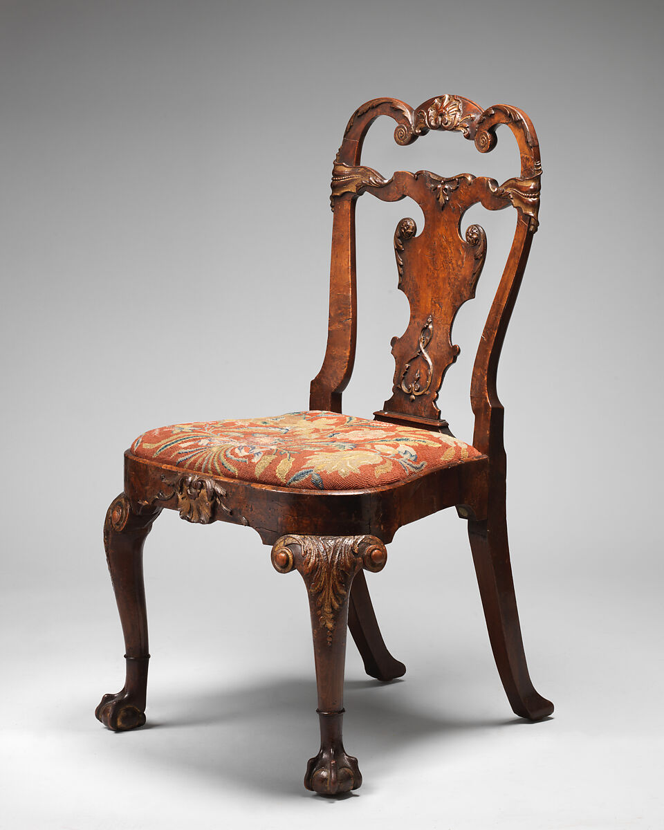 Set of four side chairs, Walnut, burr walnut veneer, parcel gilt, British