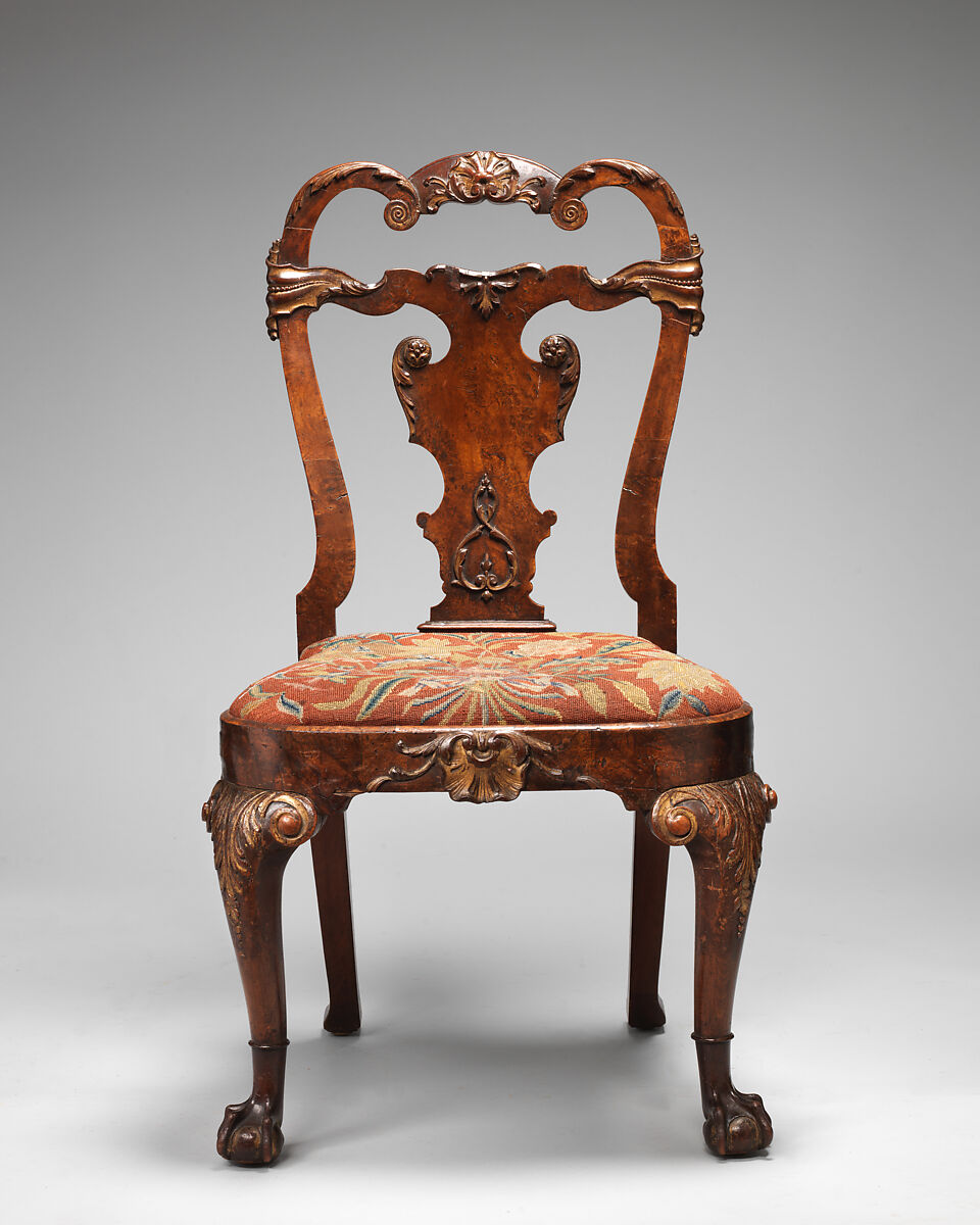 Set of four side chairs, Walnut, burr walnut veneer, parcel gilt, British