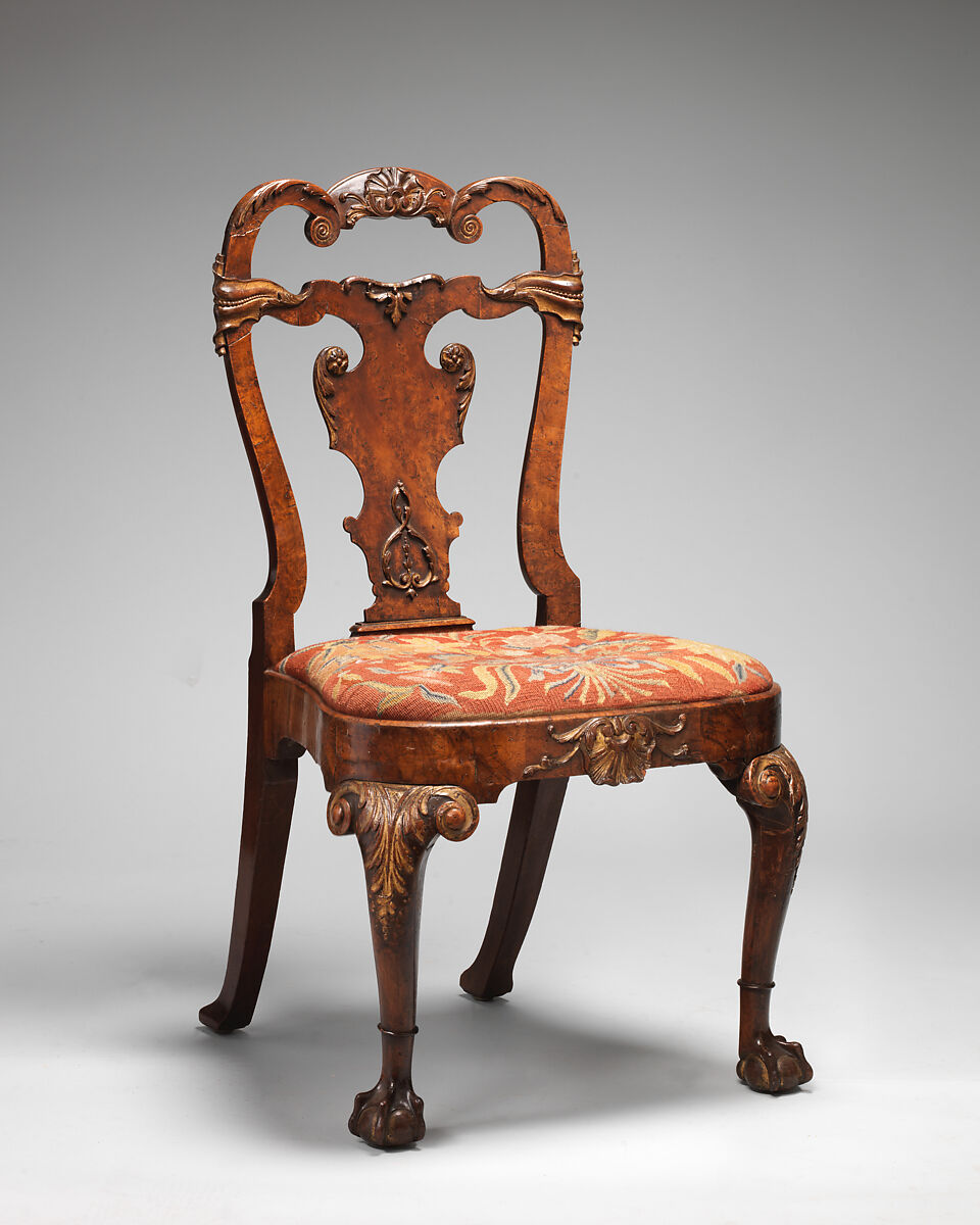 Set of four side chairs, Walnut, burr walnut veneer, parcel gilt, British