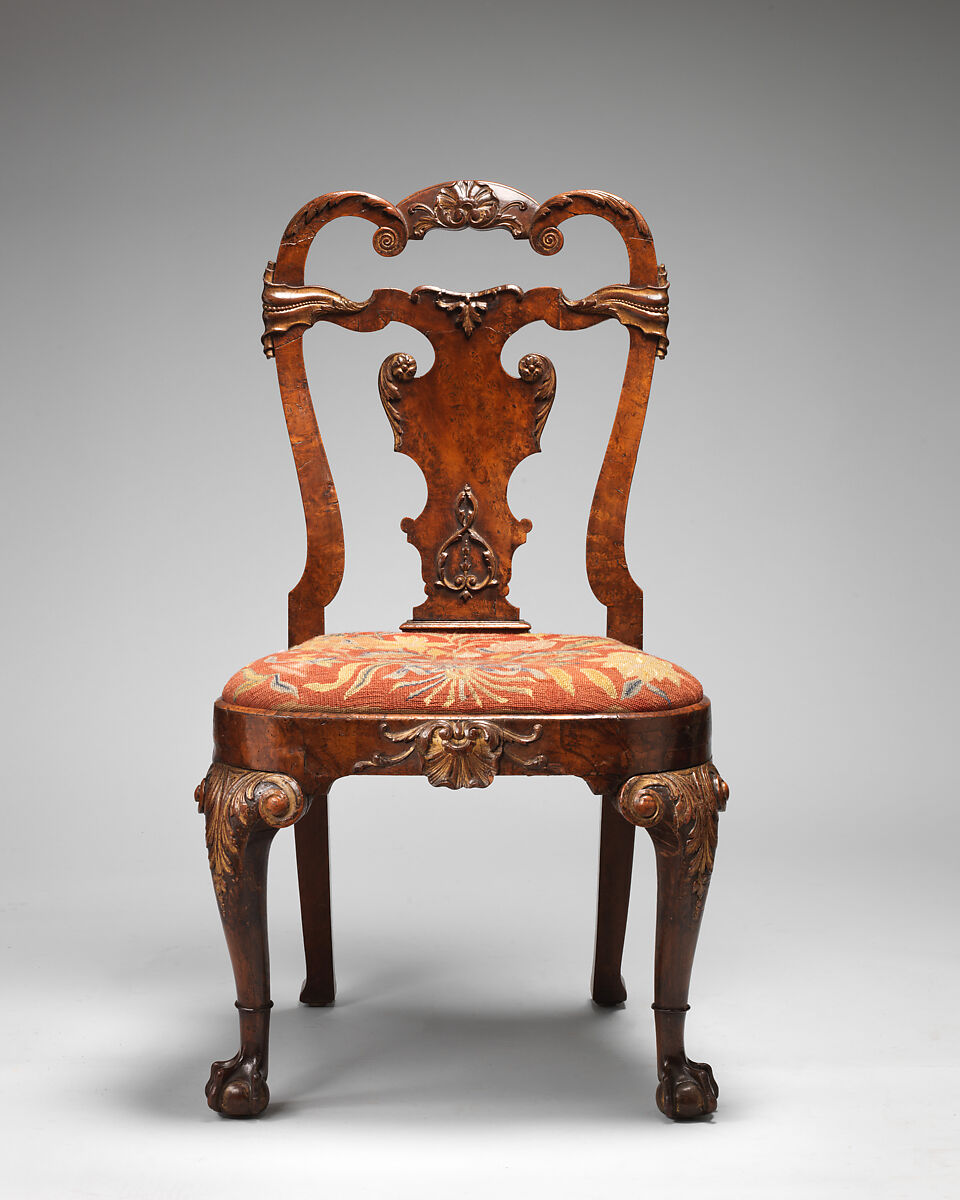 Set of four side chairs, Walnut, burr walnut veneer, parcel gilt, British