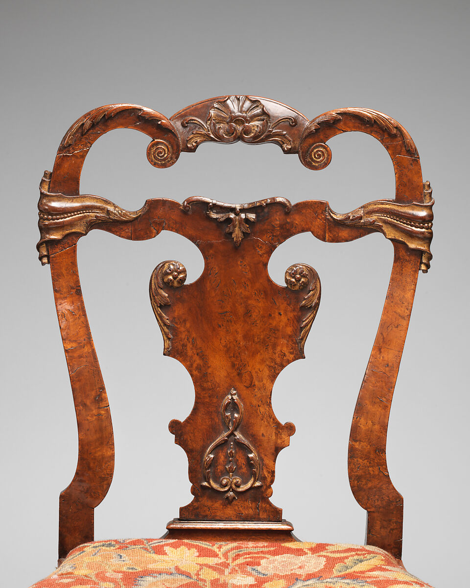 Set of four side chairs, Walnut, burr walnut veneer, parcel gilt, British