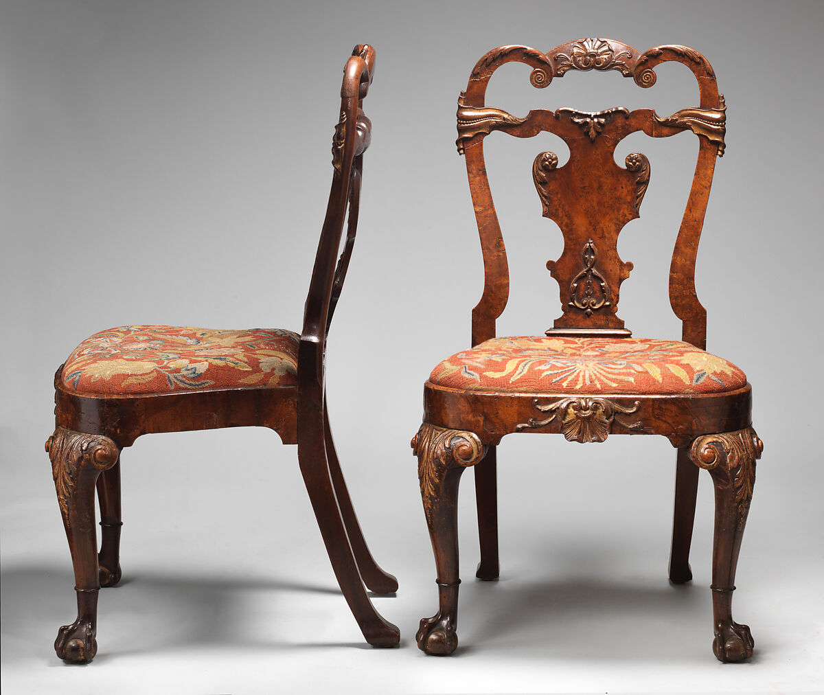 Set of four side chairs, Walnut, burr walnut veneer, parcel gilt, British 