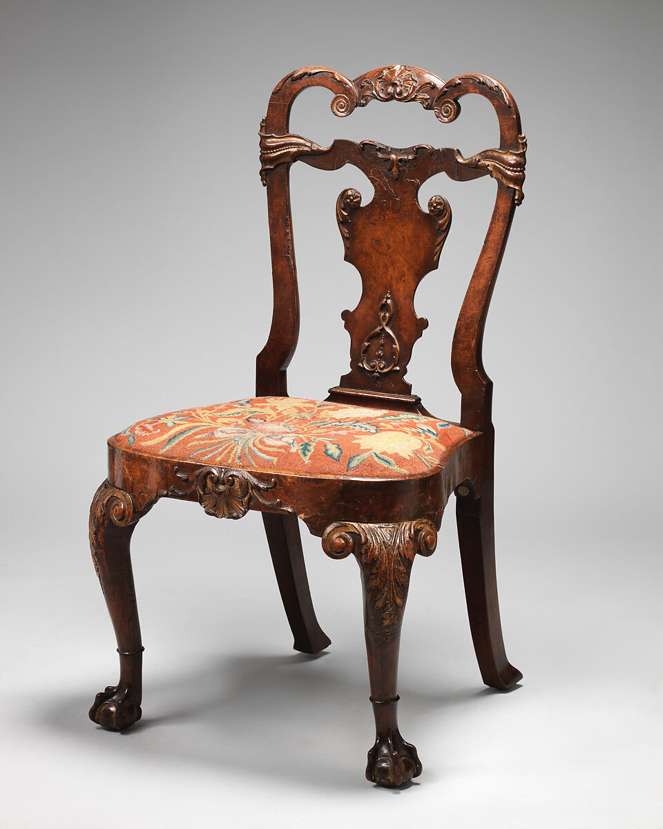 Set of four side chairs, Walnut, burr walnut veneer, parcel gilt, British