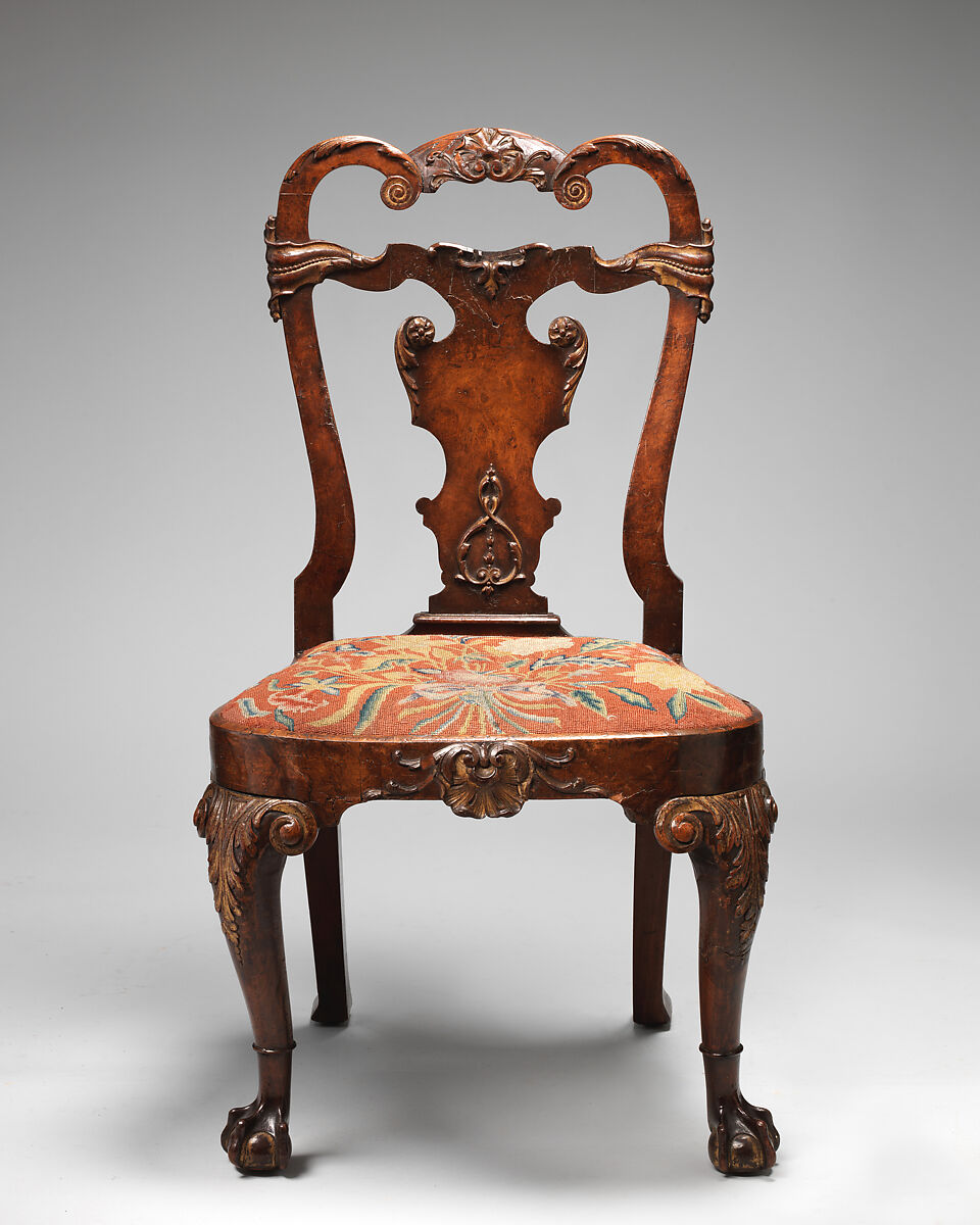 Set of four side chairs, Walnut, burr walnut veneer, parcel gilt, British