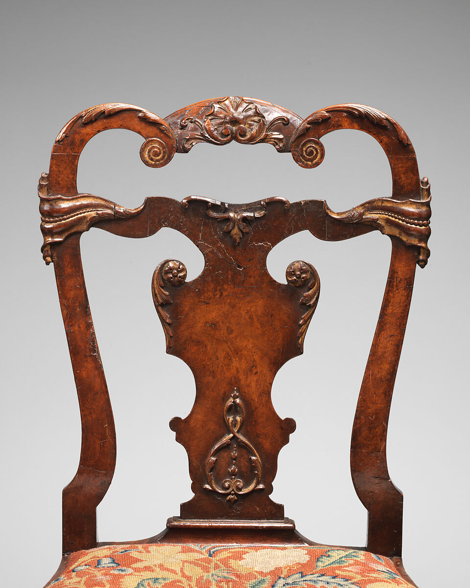 Set of four side chairs, Walnut, burr walnut veneer, parcel gilt, British