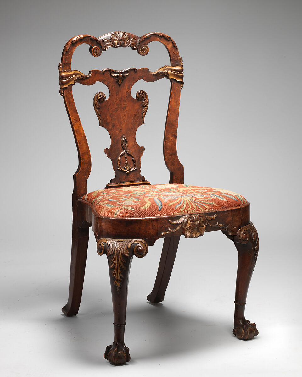 Set of four side chairs, Walnut, burr walnut veneer, parcel gilt, British