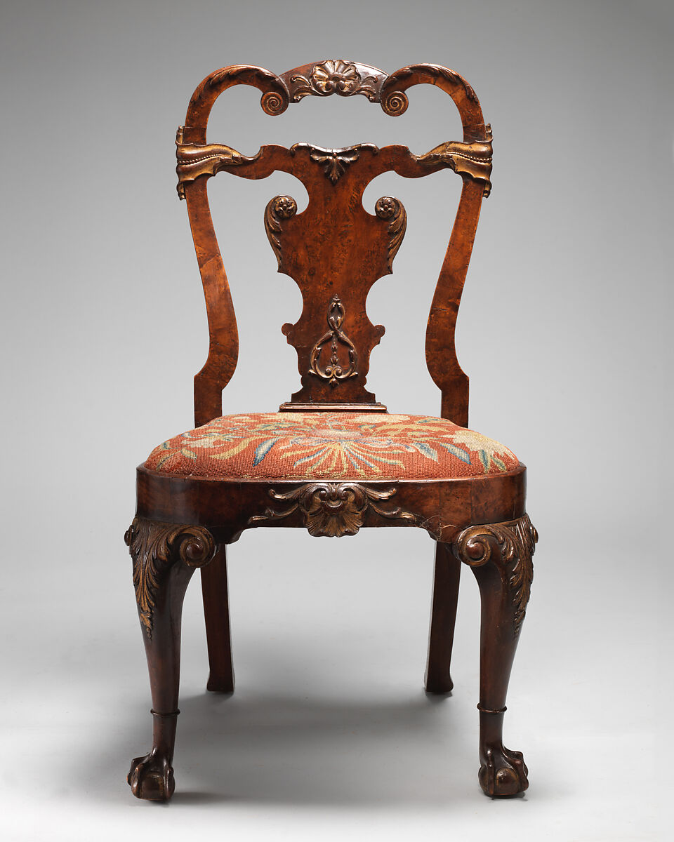Set of four side chairs, Walnut, burr walnut veneer, parcel gilt, British