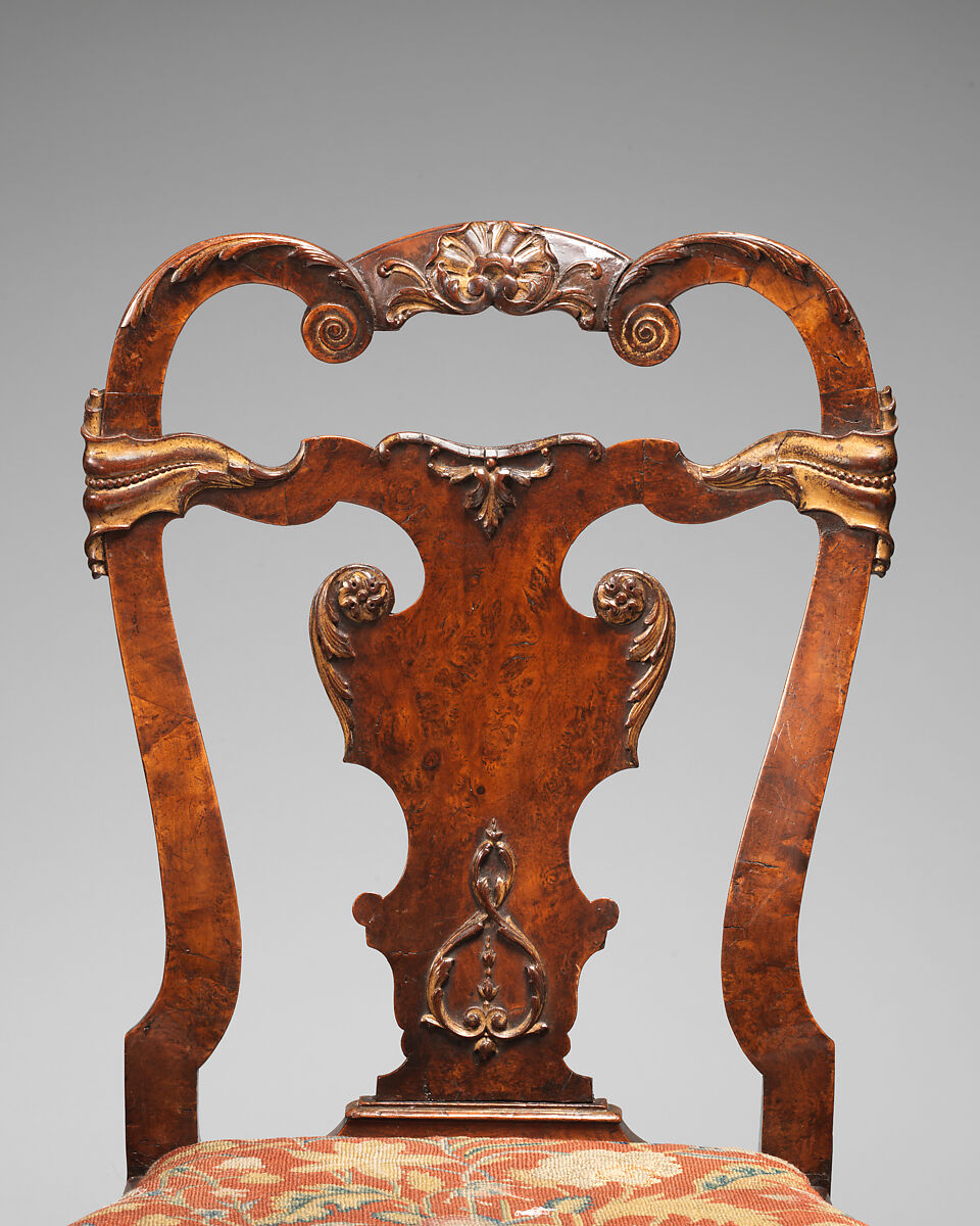 Set of four side chairs, Walnut, burr walnut veneer, parcel gilt, British