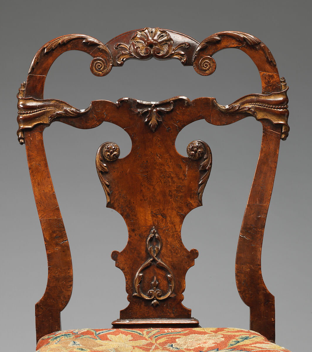 Set of four side chairs, Walnut, burr walnut veneer, parcel gilt, British
