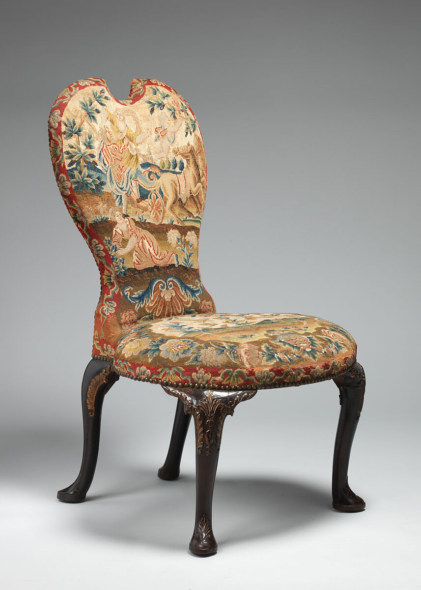 Side chair, Walnut, mahogany, parcel-gilt, needlework, British 