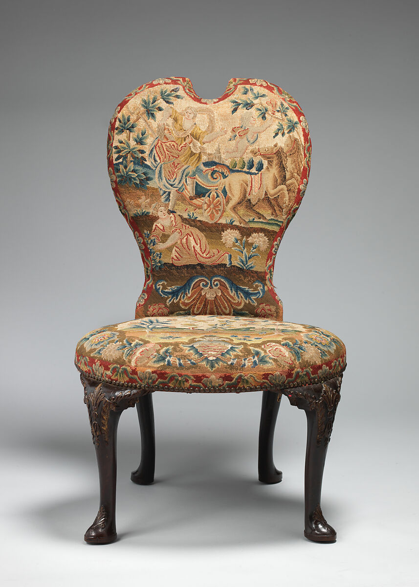 Side chair, Walnut, mahogany, parcel-gilt, needlework, British