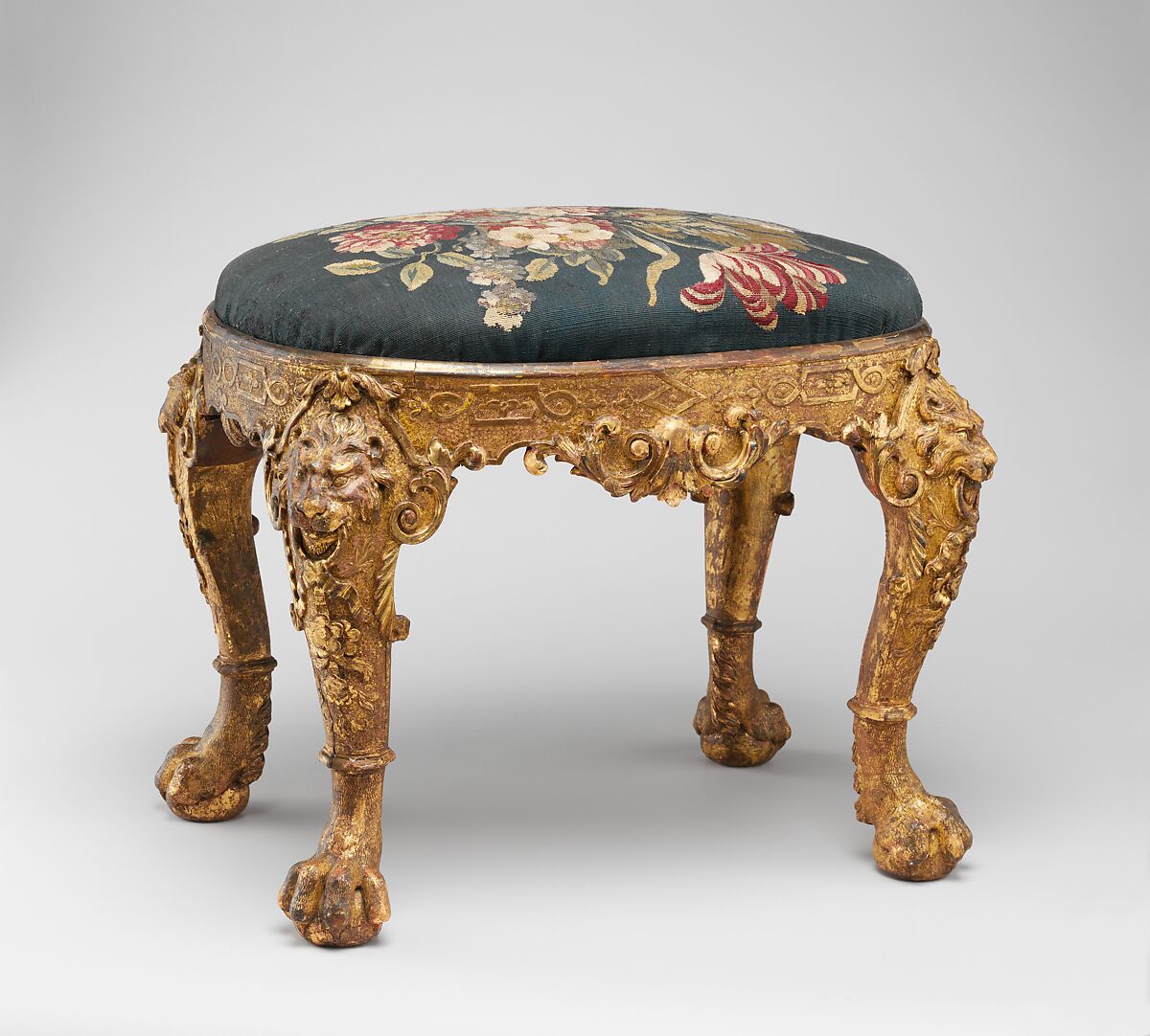 Stool, Tapestry woven at Soho, Gilded gesso on walnut; wool and silk, British 