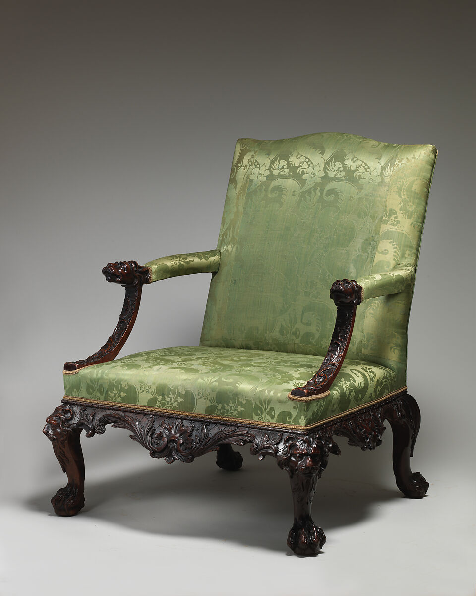 Armchair (one of a pair), Mahogany; upholstered with modern damask, British 