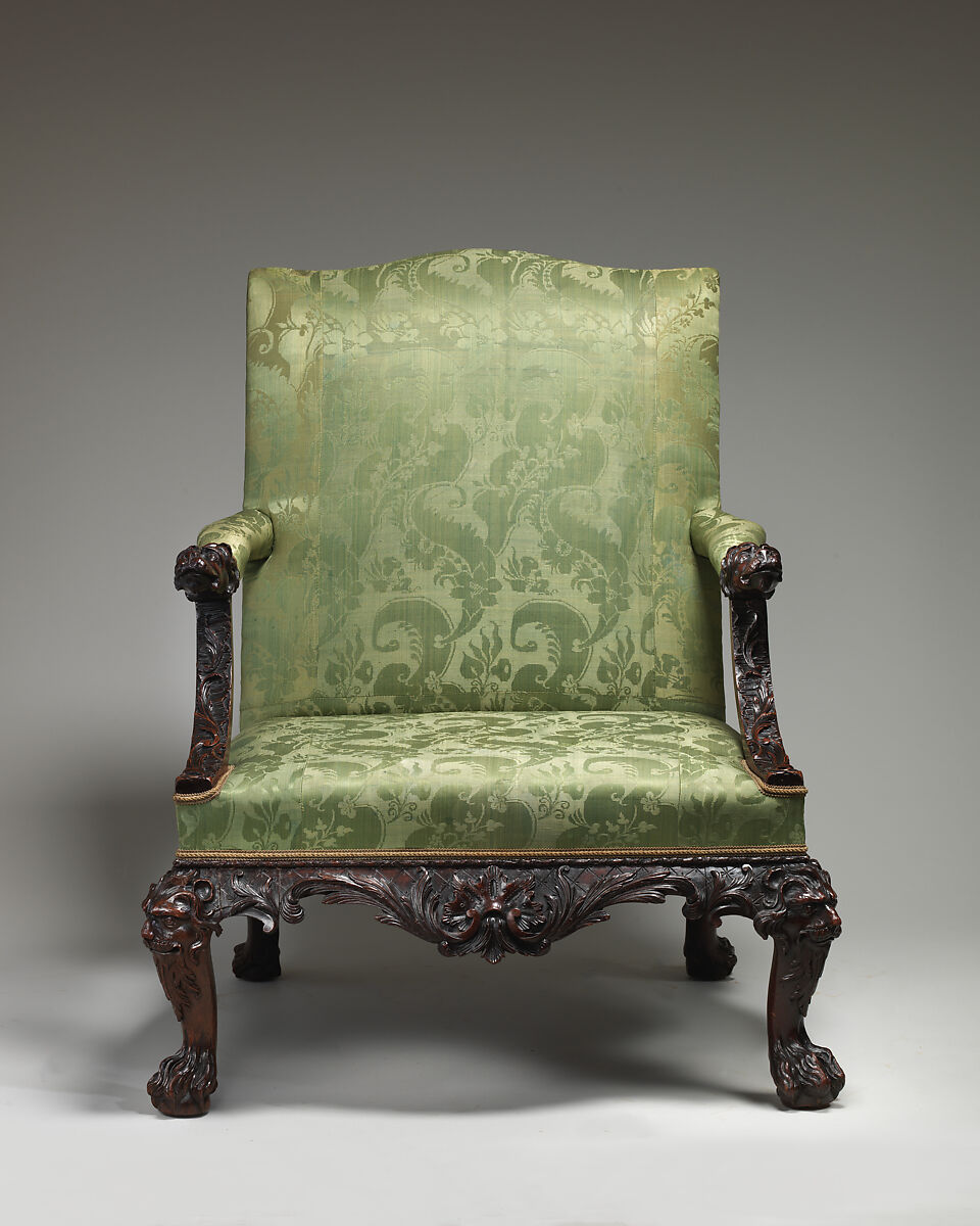 Armchair (one of a pair), Mahogany; upholstered with modern damask, British