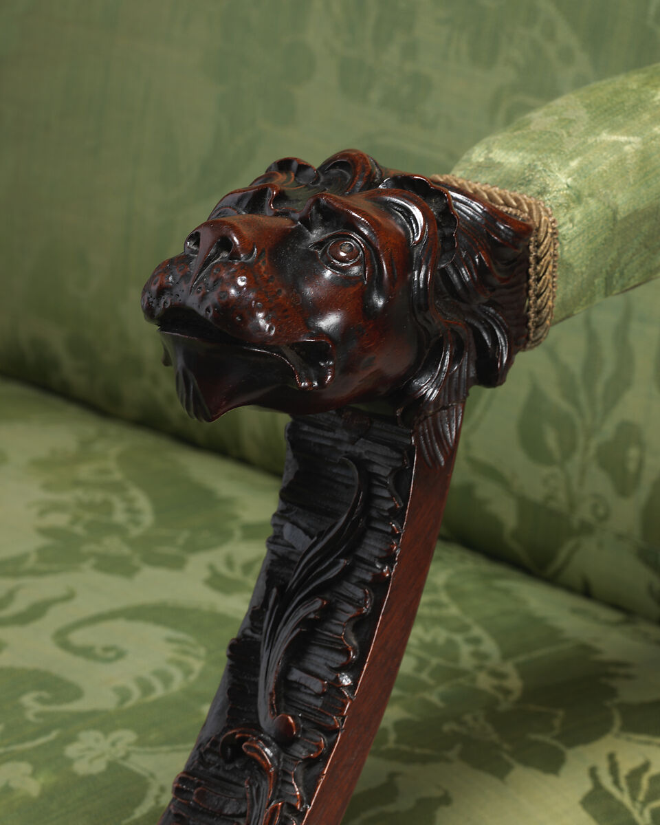 Armchair (one of a pair), Mahogany; upholstered with modern damask, British