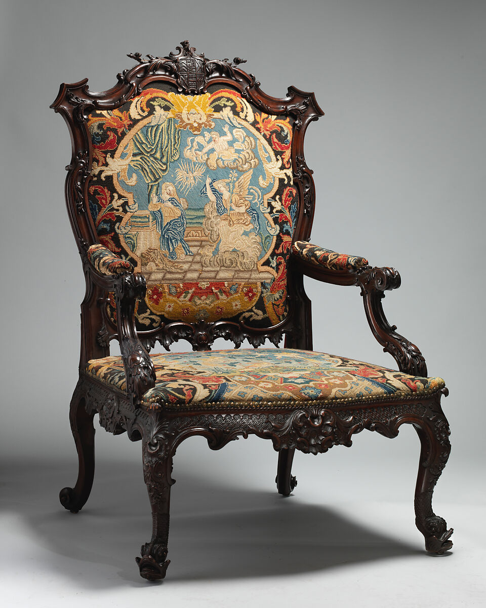 Armchair, After a design by Thomas Chippendale (British, baptised Otley, West Yorkshire 1718–1779 London), Mahogany, needlework, British 
