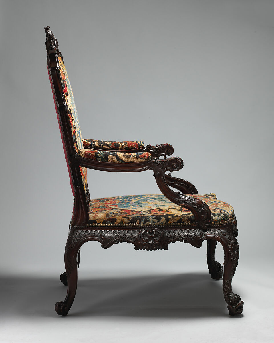 Armchair, After a design by Thomas Chippendale (British, baptised Otley, West Yorkshire 1718–1779 London), Mahogany, needlework, British