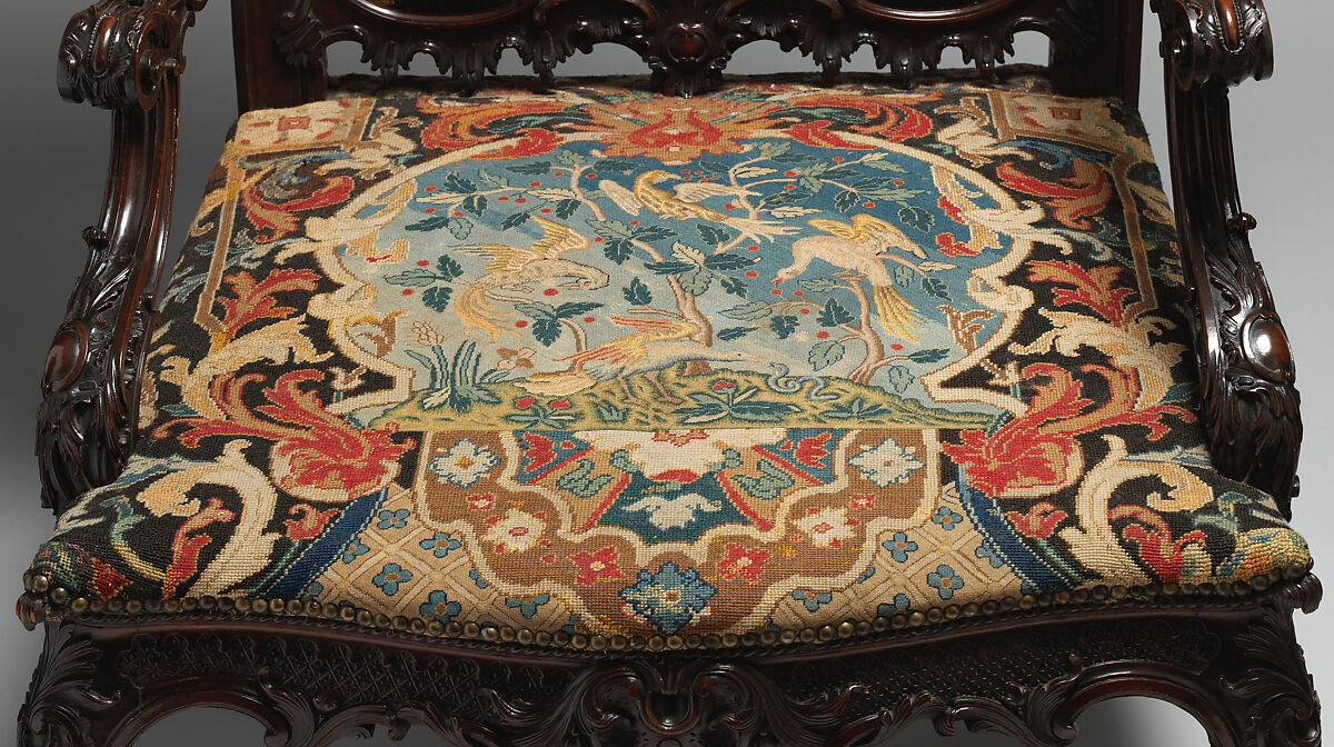 Armchair, After a design by Thomas Chippendale (British, baptised Otley, West Yorkshire 1718–1779 London), Mahogany, needlework, British