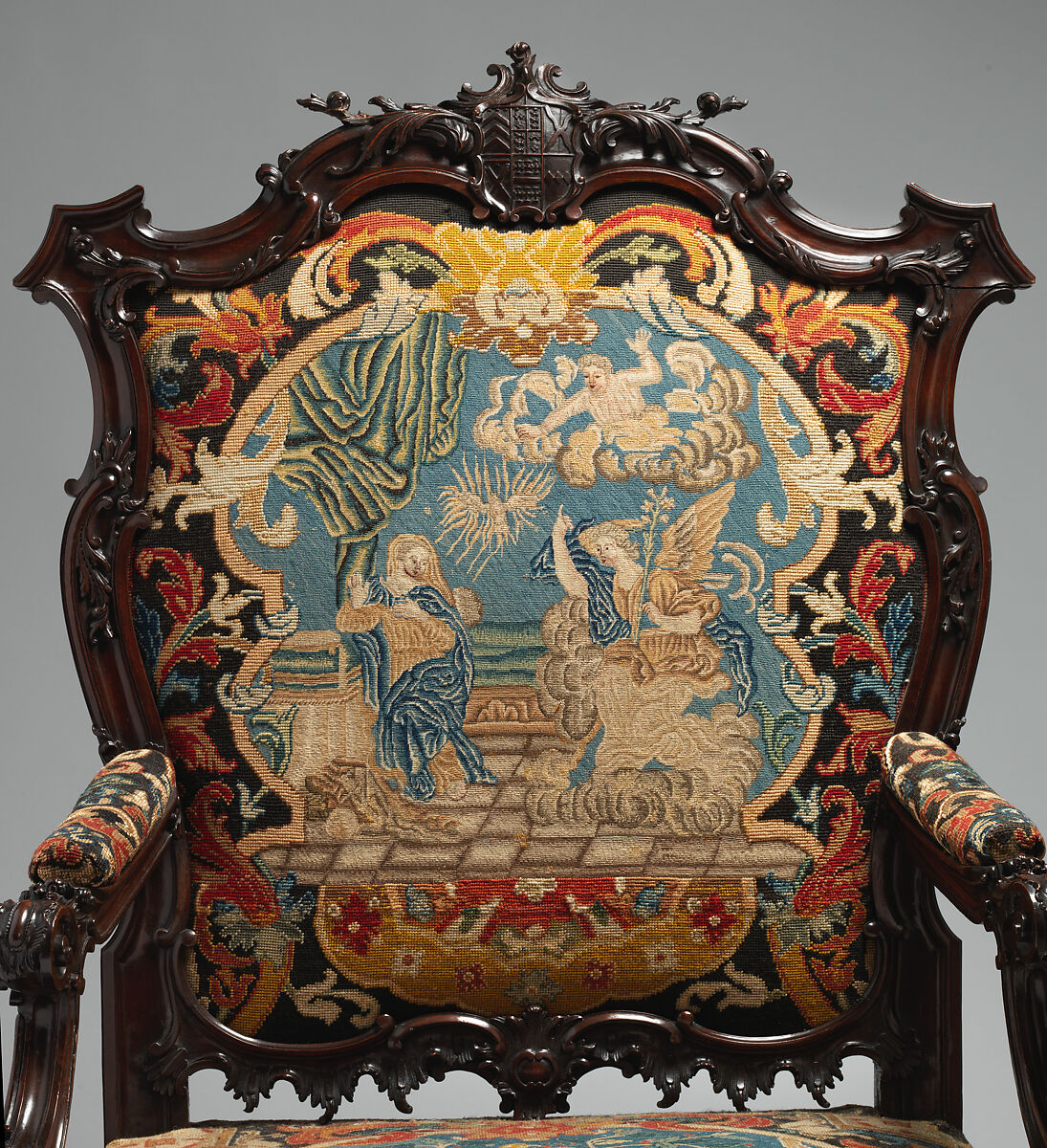 Armchair, After a design by Thomas Chippendale (British, baptised Otley, West Yorkshire 1718–1779 London), Mahogany, needlework, British