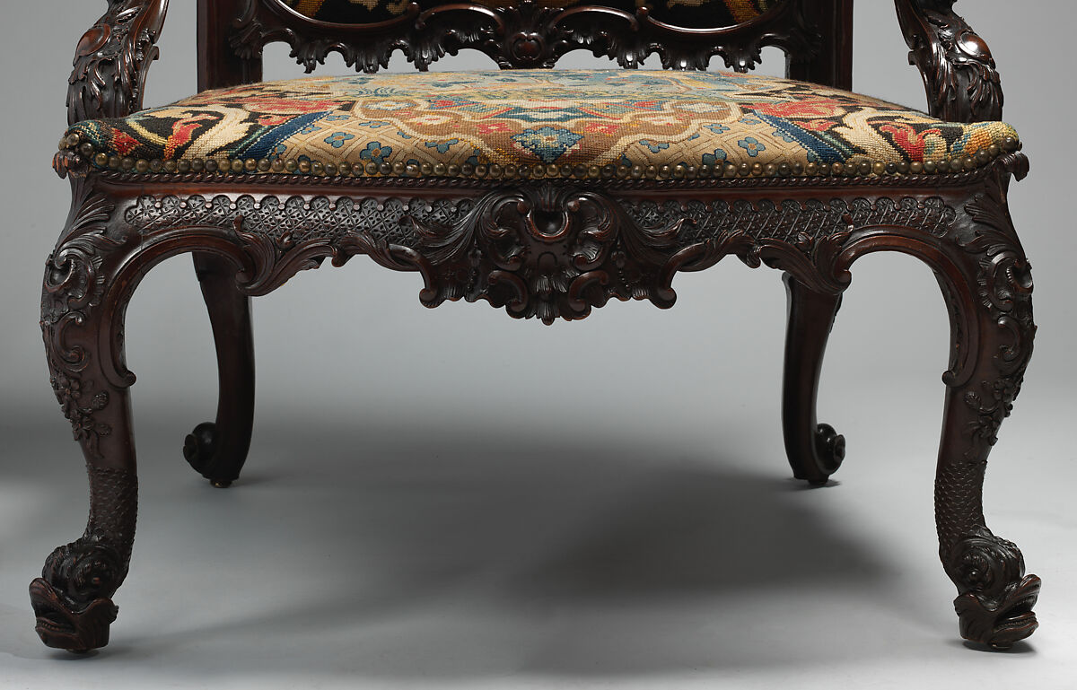 Armchair, After a design by Thomas Chippendale (British, baptised Otley, West Yorkshire 1718–1779 London), Mahogany, needlework, British