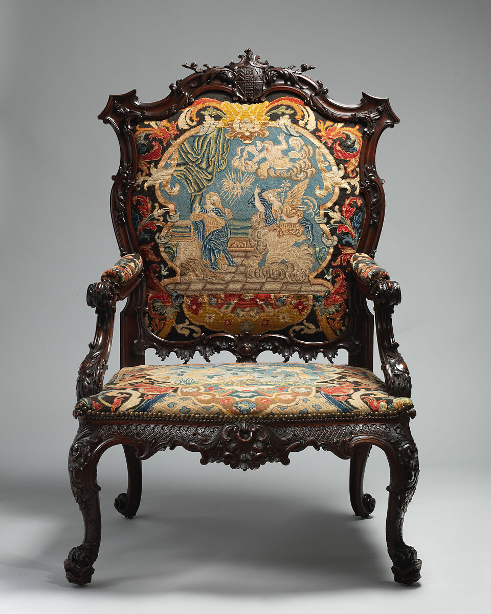 Armchair, After a design by Thomas Chippendale (British, baptised Otley, West Yorkshire 1718–1779 London), Mahogany, needlework, British