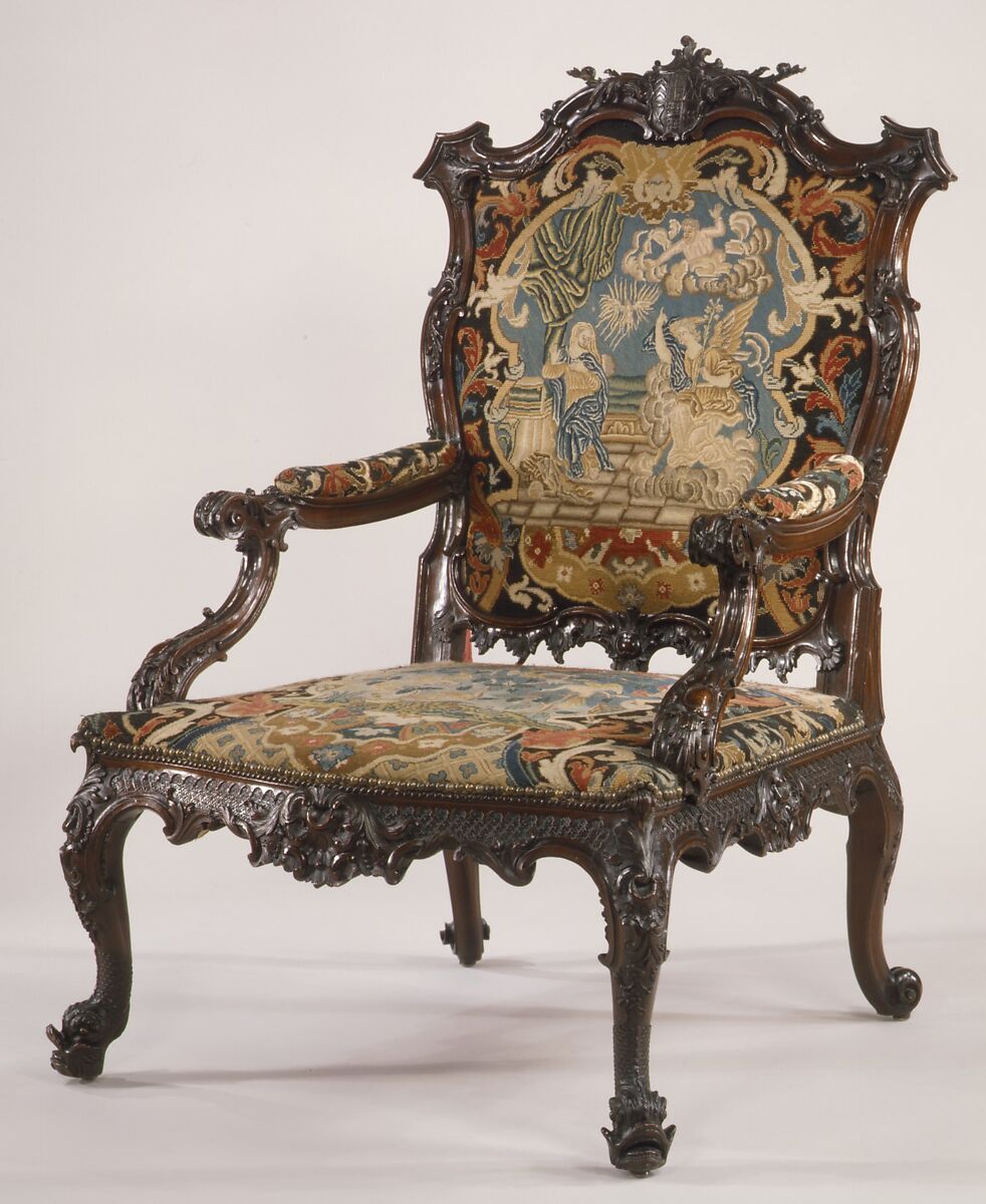 Armchair, After a design by Thomas Chippendale (British, baptised Otley, West Yorkshire 1718–1779 London), Mahogany, needlework, British