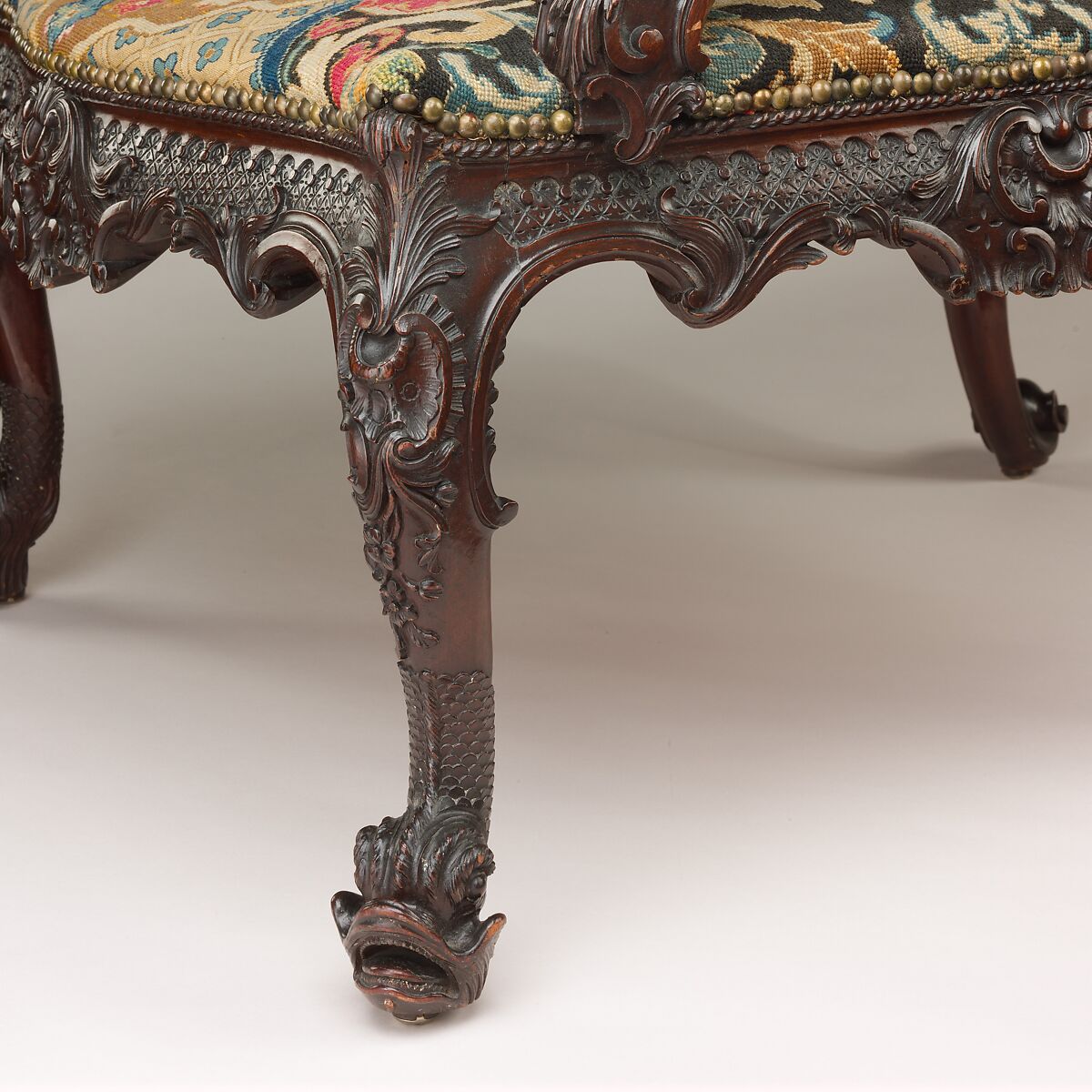 Armchair, After a design by Thomas Chippendale (British, baptised Otley, West Yorkshire 1718–1779 London), Mahogany, needlework, British