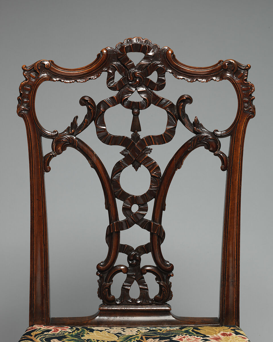 Side chair (one of a pair), After a design by Thomas Chippendale (British, baptised Otley, West Yorkshire 1718–1779 London), Mahogany; tent stitch embroidery on canvas, British