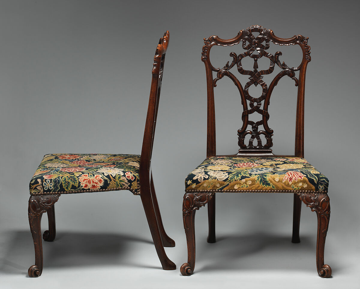 Side chair (one of a pair), After a design by Thomas Chippendale (British, baptised Otley, West Yorkshire 1718–1779 London), Mahogany; tent stitch embroidery on canvas, British 