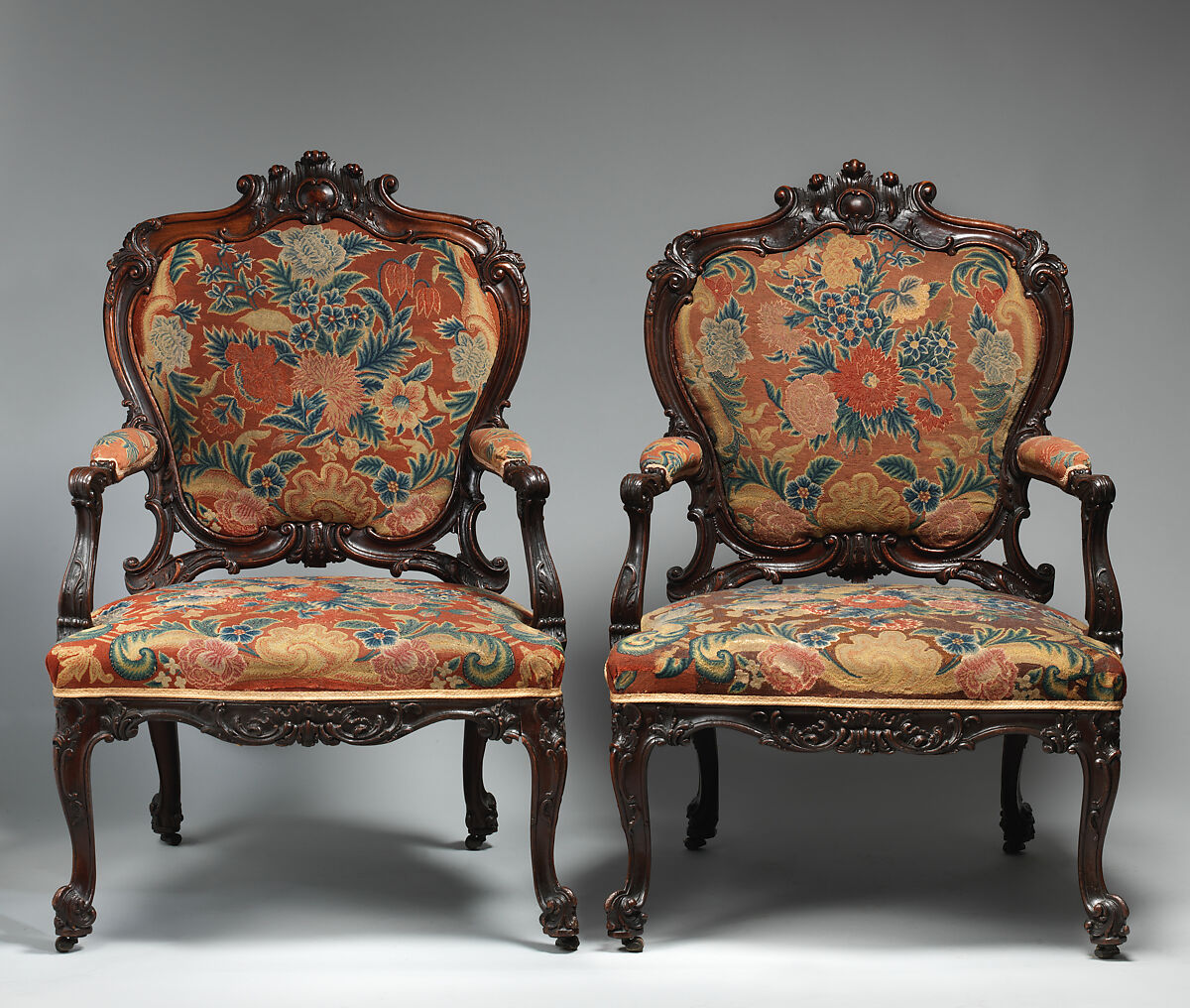 Pair of armchairs, Mahogany, beech and needlework, British 