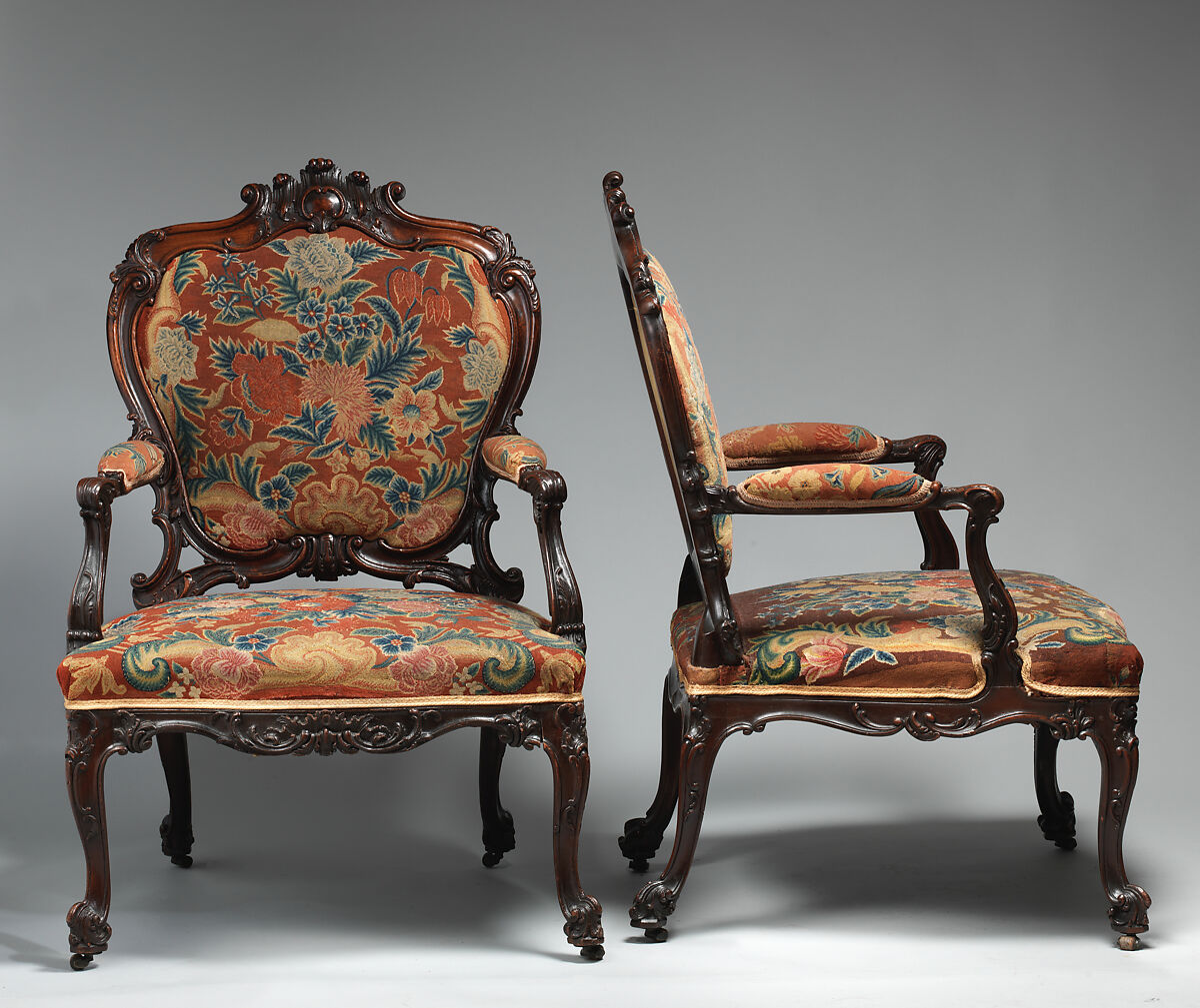 Pair of armchairs, Mahogany, beech and needlework, British