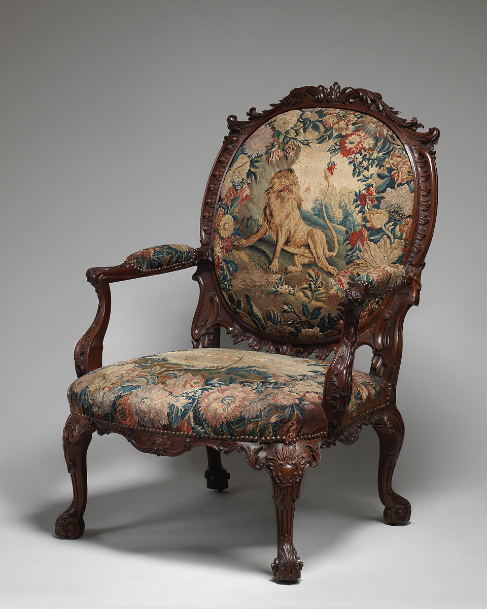 Armchair (one of four), Tapestry probably woven at Royal Manufactory Beauvais 1664-1789, Mahogany; wool and silk (18-21 warps per inch, 7-9 per centimeter), British and French, probably Beauvais 