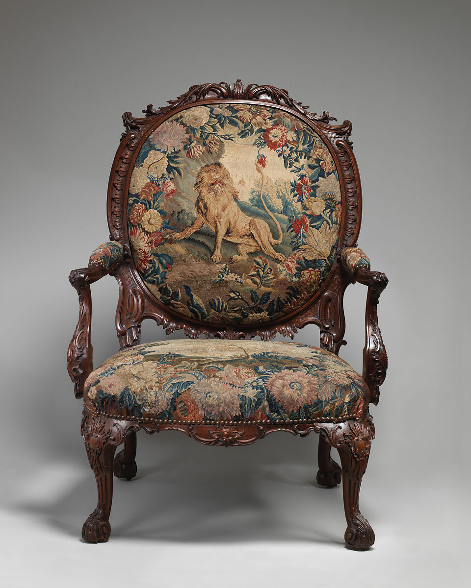 Armchair (one of four), Tapestry probably woven at Royal Manufactory Beauvais 1664-1789, Mahogany; wool and silk (18-21 warps per inch, 7-9 per centimeter), British and French, probably Beauvais