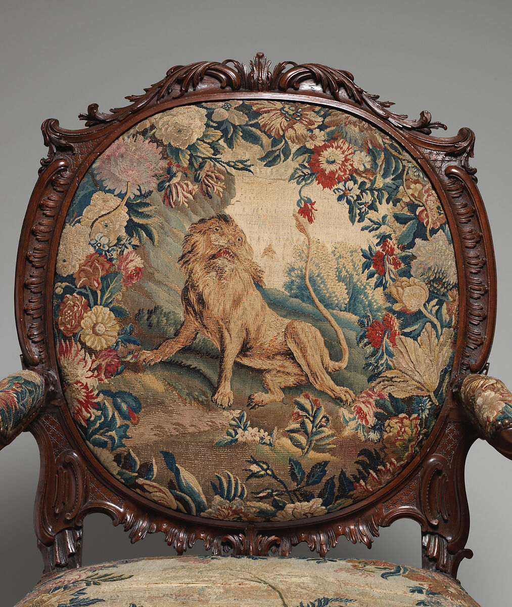 Armchair (one of four), Tapestry probably woven at Royal Manufactory Beauvais 1664-1789, Mahogany; wool and silk (18-21 warps per inch, 7-9 per centimeter), British and French, probably Beauvais