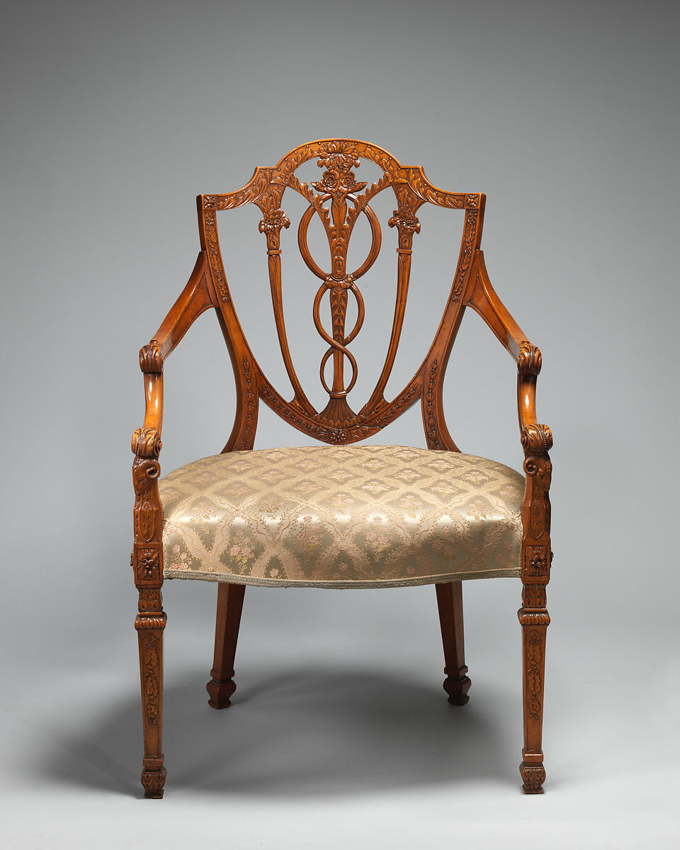 Pair of armchairs, West Indian satinwood, seat rails of beech, modern silk, British